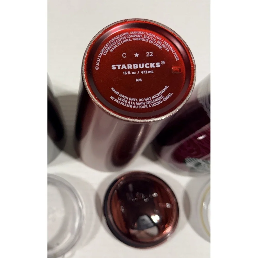 STARBUCKS 3 Metal Travel Tumblers 2017 Black Mermaid 2022 Red Holiday 2014 Roses